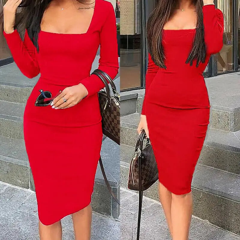 Elegant Square Collar Cocktail Midi Dress