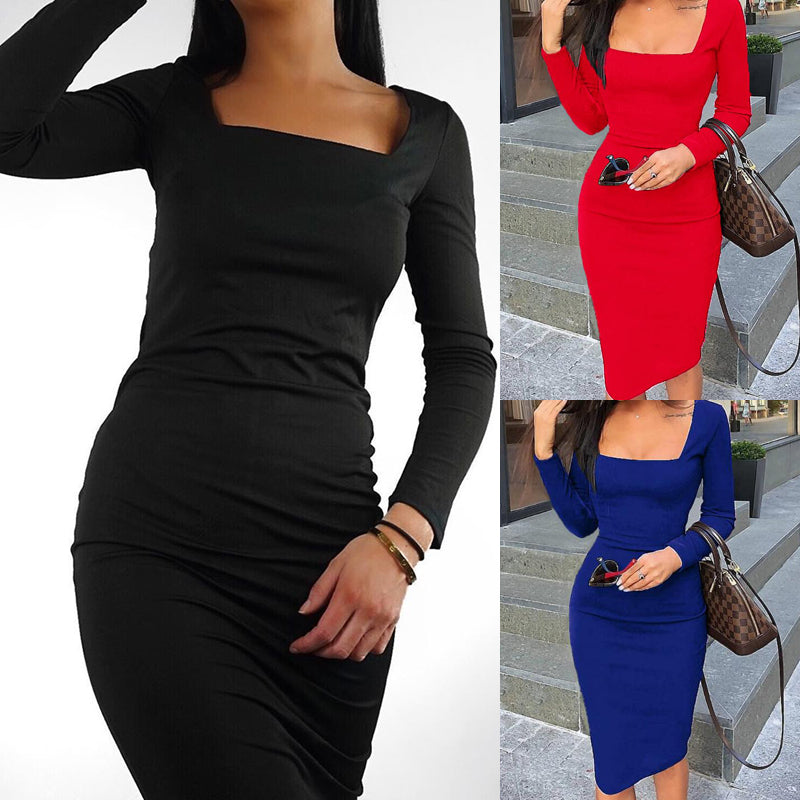 Elegant Square Collar Cocktail Midi Dress