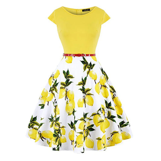 Vintage Floral Lemon Print  Swing Dress