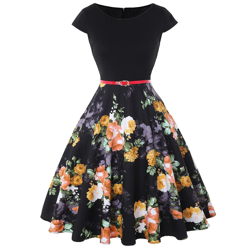 Vintage Floral Lemon Print  Swing Dress