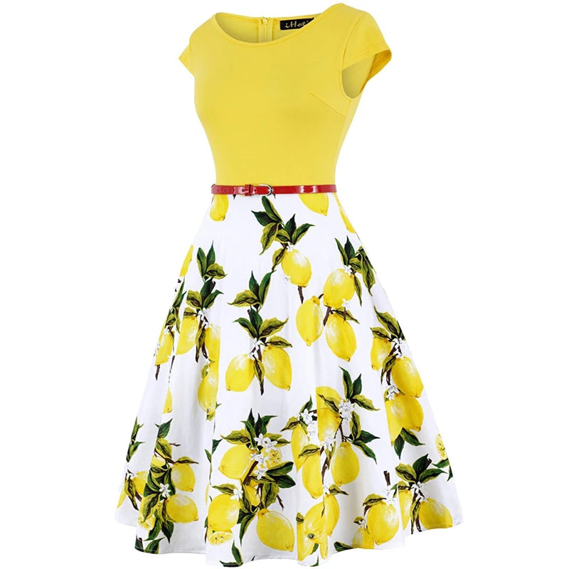 Vintage Floral Lemon Print  Swing Dress