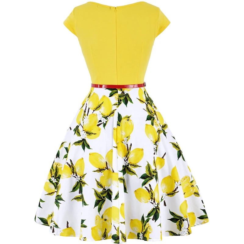 Vintage Floral Lemon Print  Swing Dress