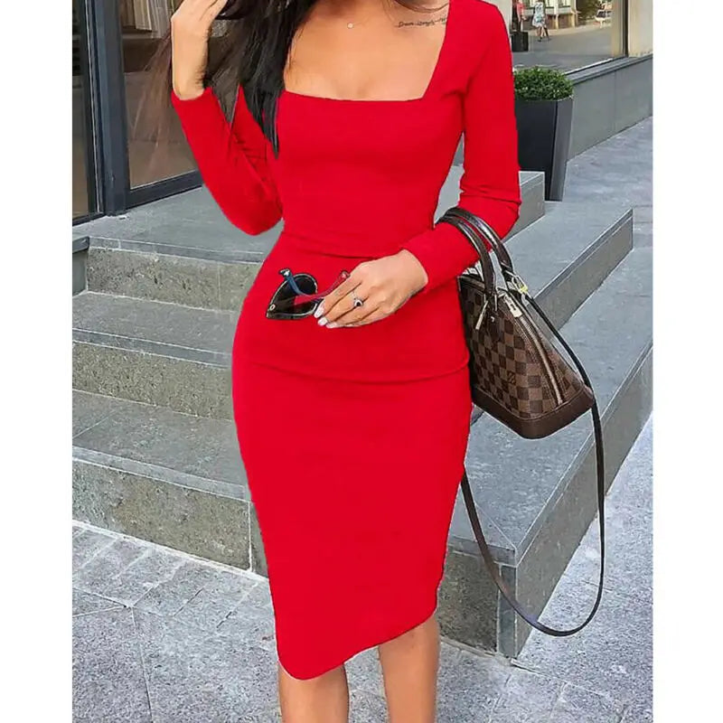 Elegant Square Collar Cocktail Midi Dress