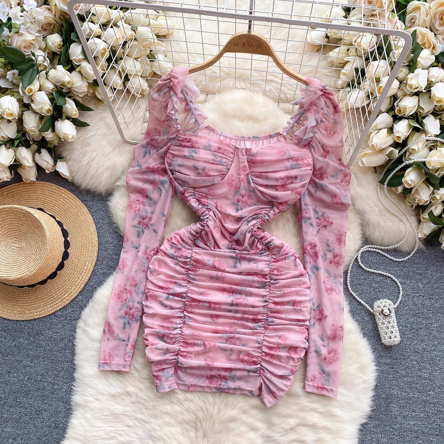 Pink Sheer Print Pleated Mesh Dress