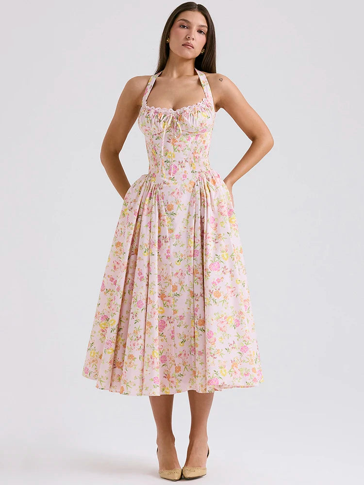 Classic Halter Floral Print Midi Dress