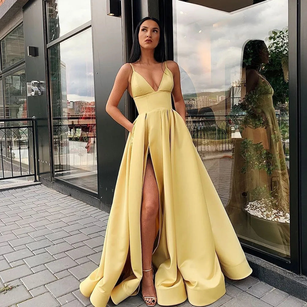 V Neck Cami High Slit Party Gown