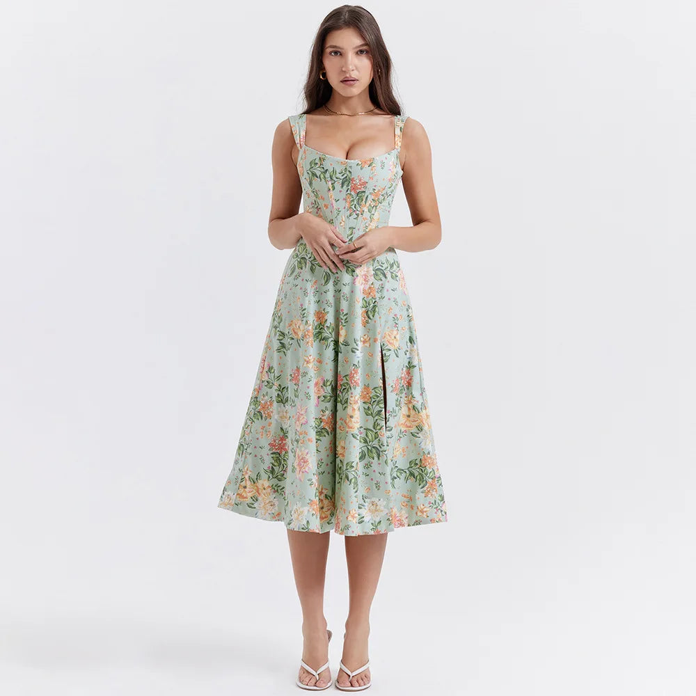 Mint Floral Split Corset Midi Dress