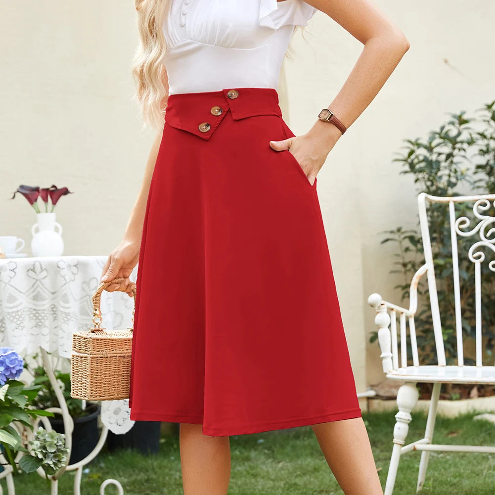 Vintage Button High Waist Swing Skirt