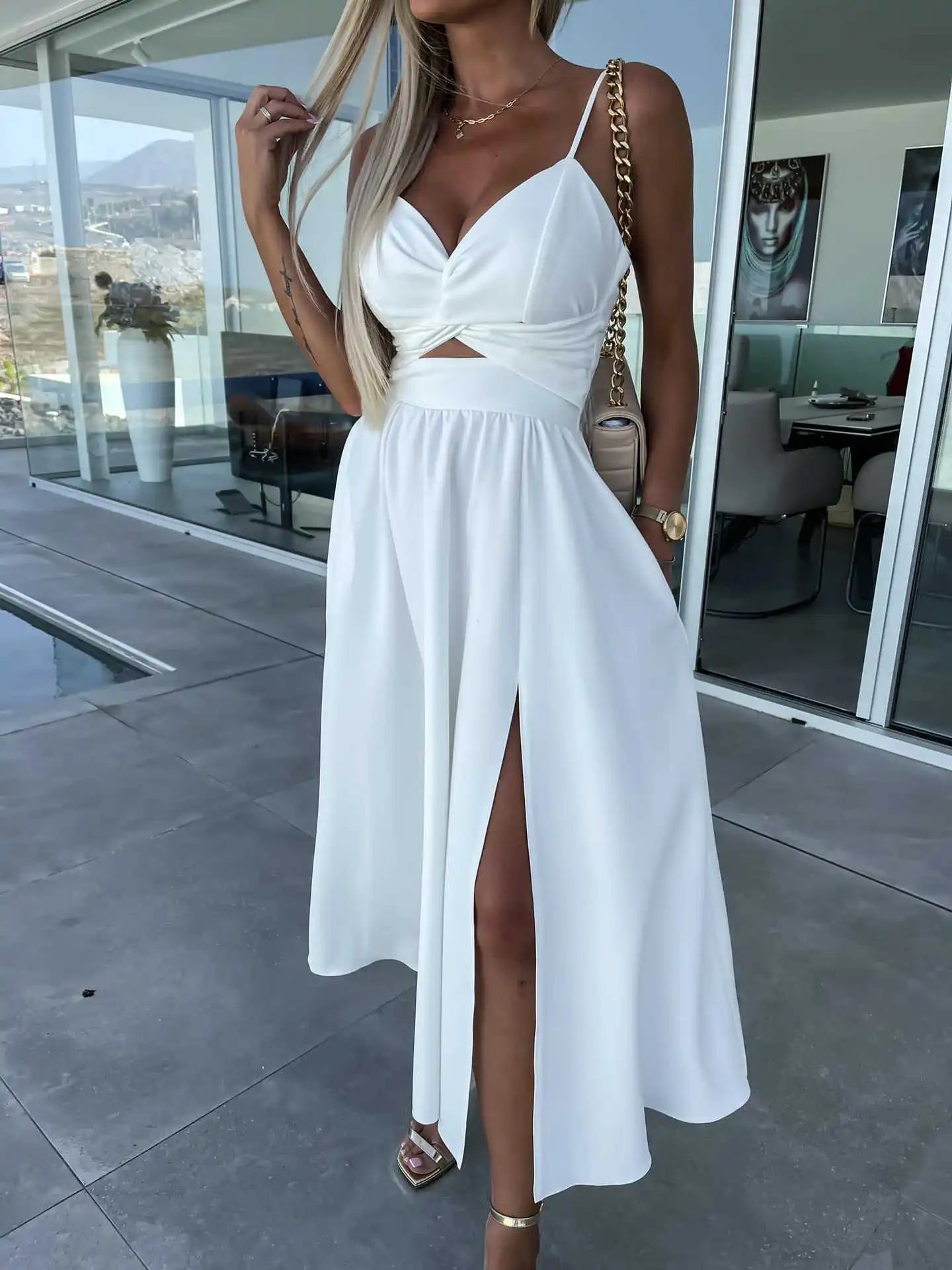 Cross Heart Split Hem Midi Dress