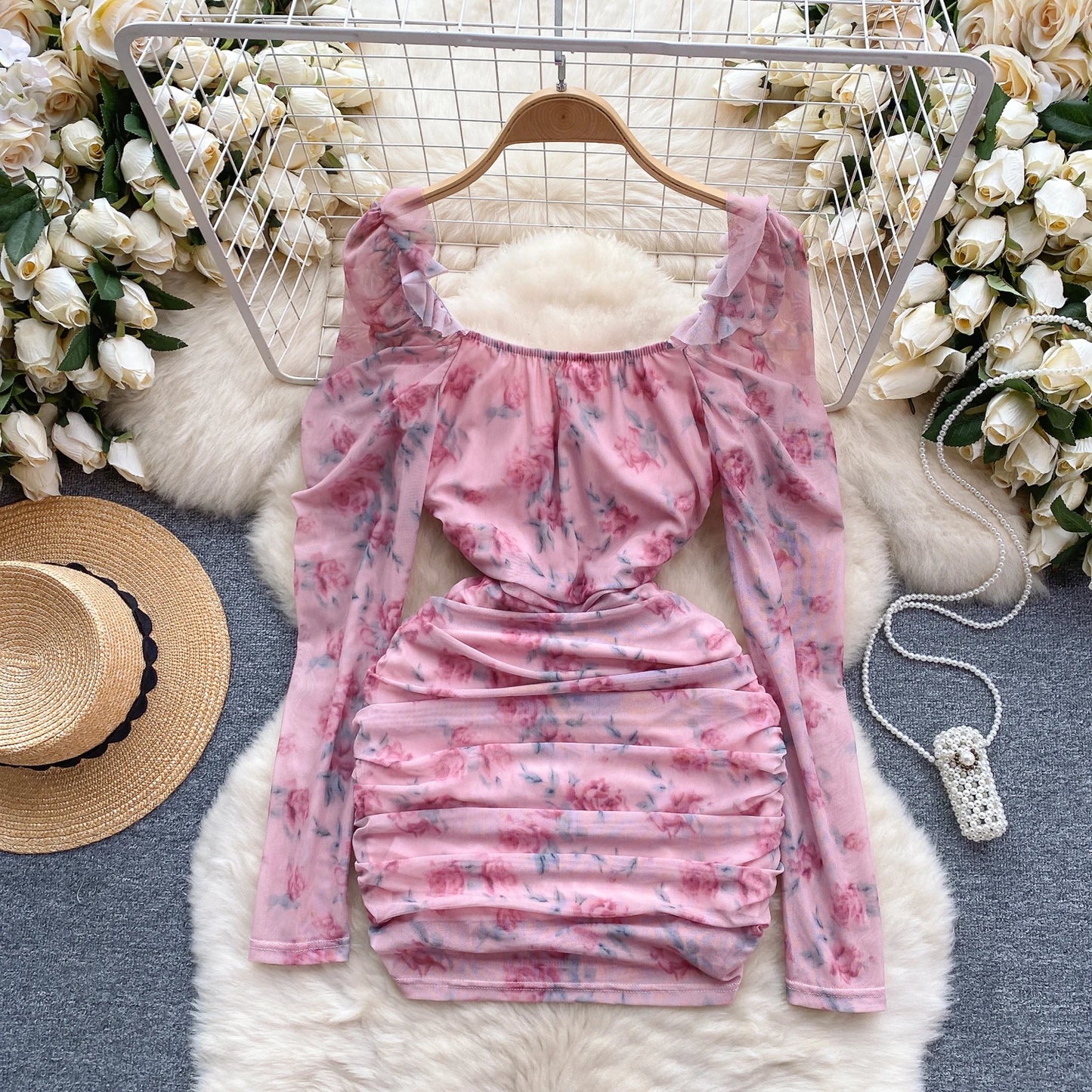 Pink Sheer Print Pleated Mesh Dress