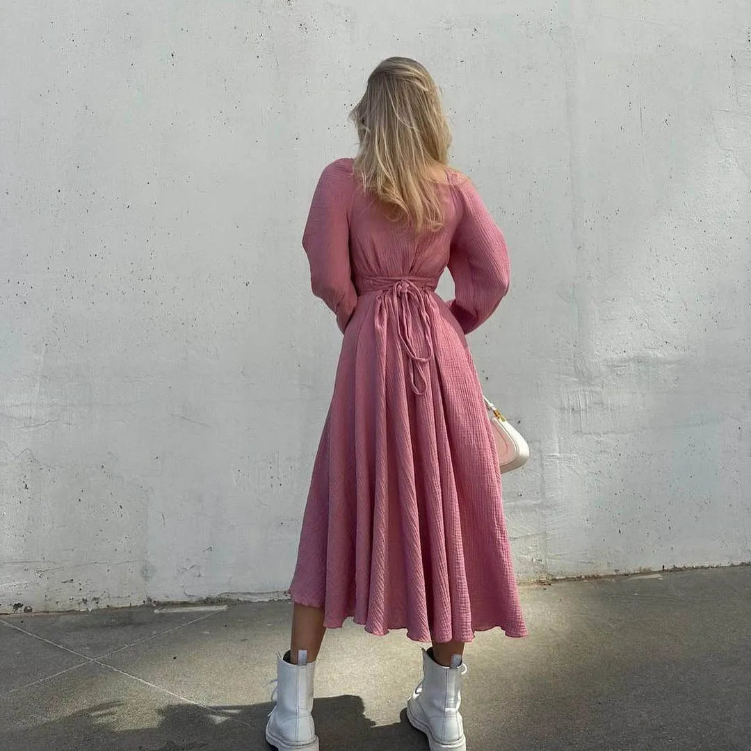 Casual Lace-up Collar Midi Dress