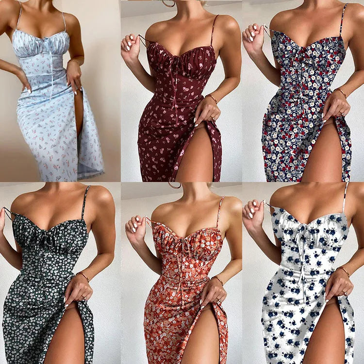 Flower Print Sexy Slit Midi Dress