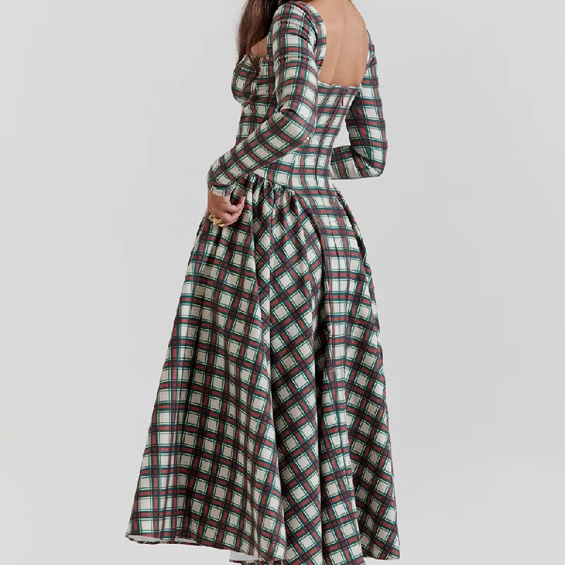 Vintage Plaid Corset Long Maiden Dress